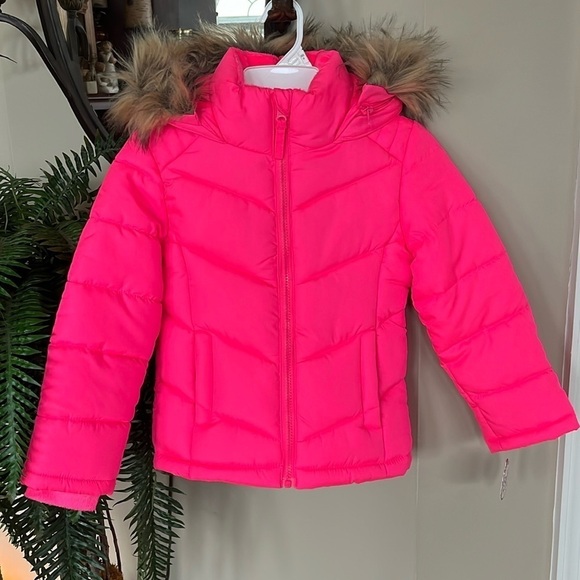 Brand New SO Bright Neon Pink Zip Up Winter Jacket Hooded Puffer Faux Fur Trim - Picture 2 of 15